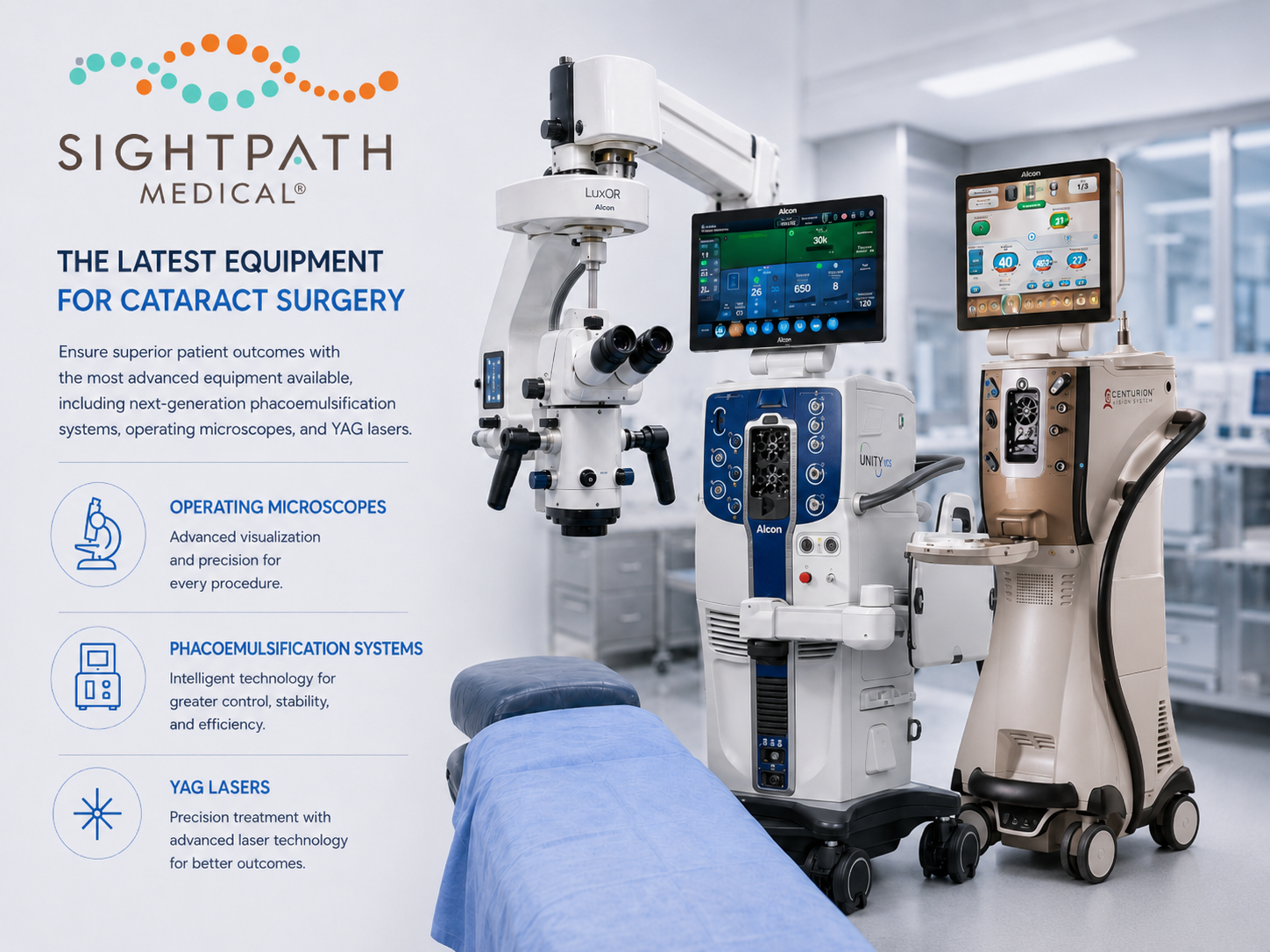 Sightpath Medical cataract surgery suite featuring LuxOR microscope, Centurion Vision System, and Ellex Integre YAG laser