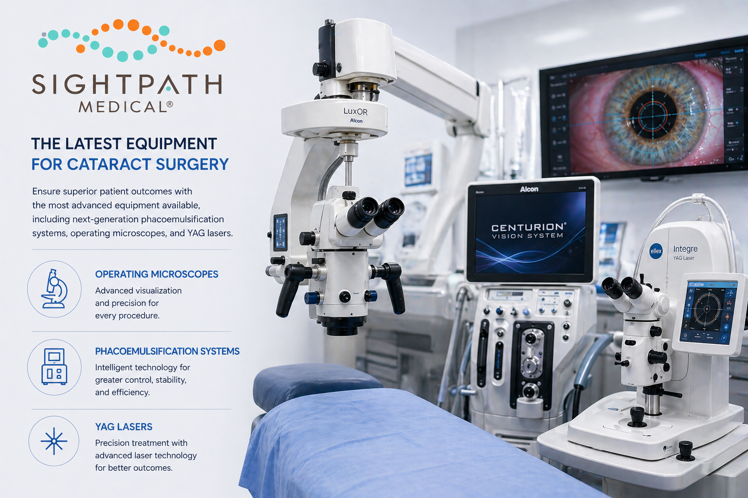 Sightpath Medical cataract surgery suite featuring LuxOR microscope, Centurion Vision System, and Ellex Integre YAG laser