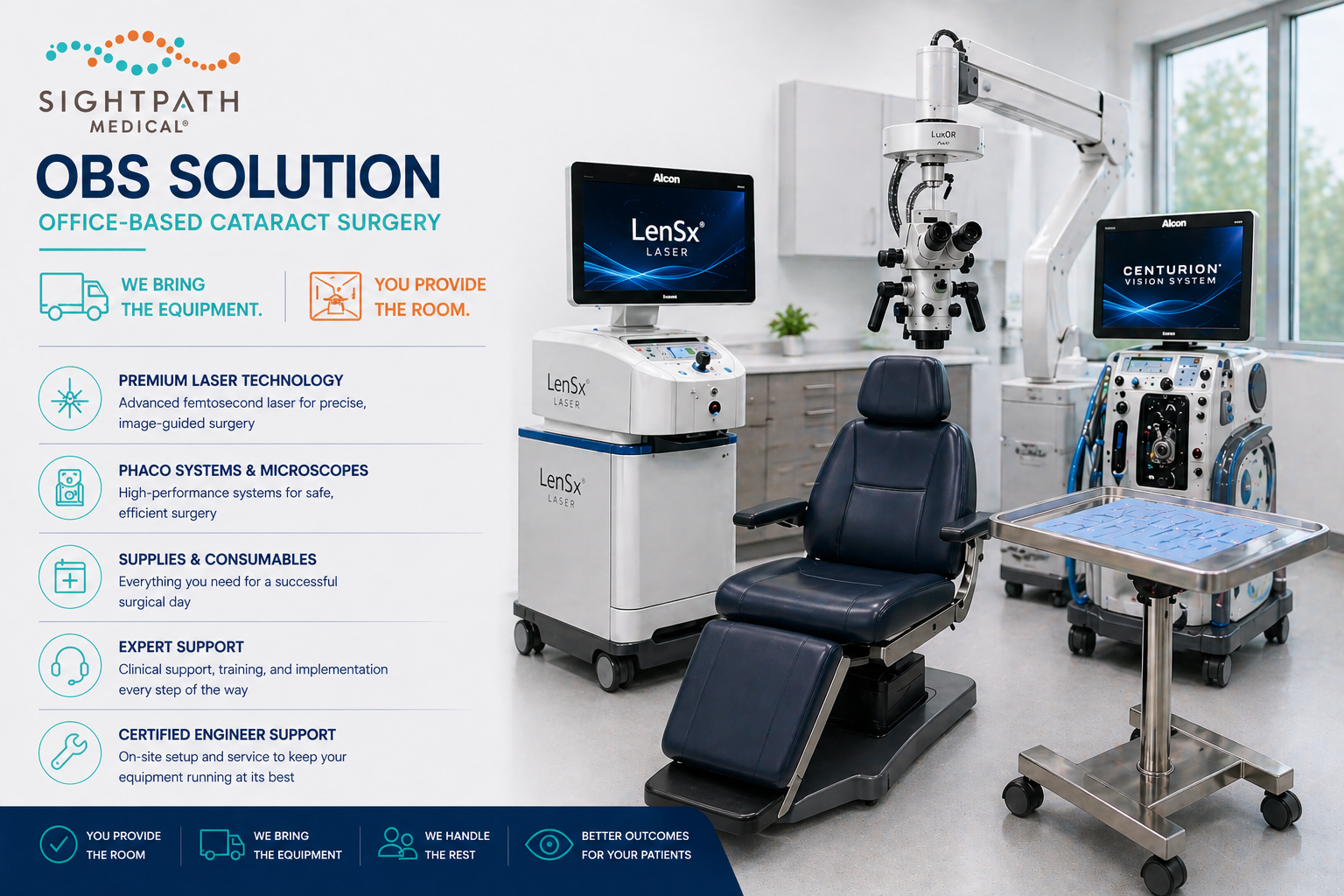 Office-based cataract surgery equipment prepared for an in-office procedure suite