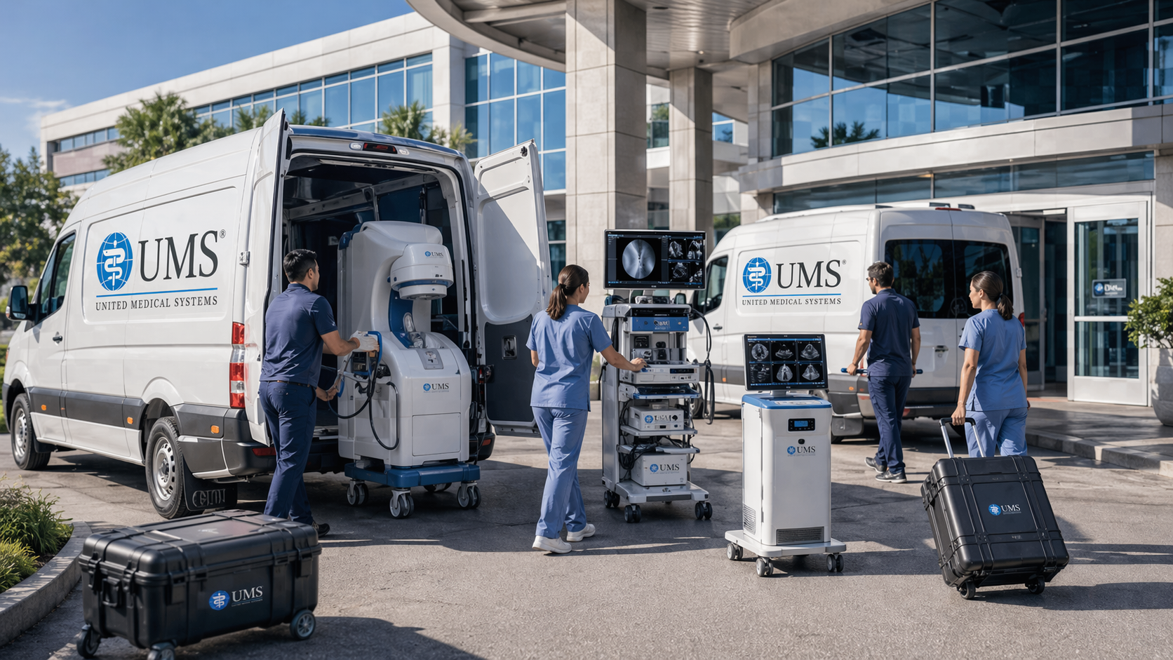 UMS field team unloading mobile urology equipment from service vans outside a medical facility