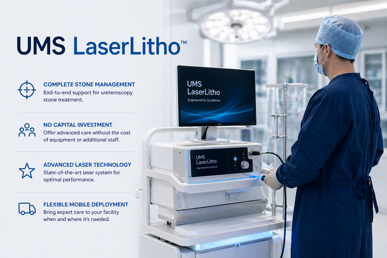 Surgeon using UMS LaserLitho system for ureteroscopy stone treatment