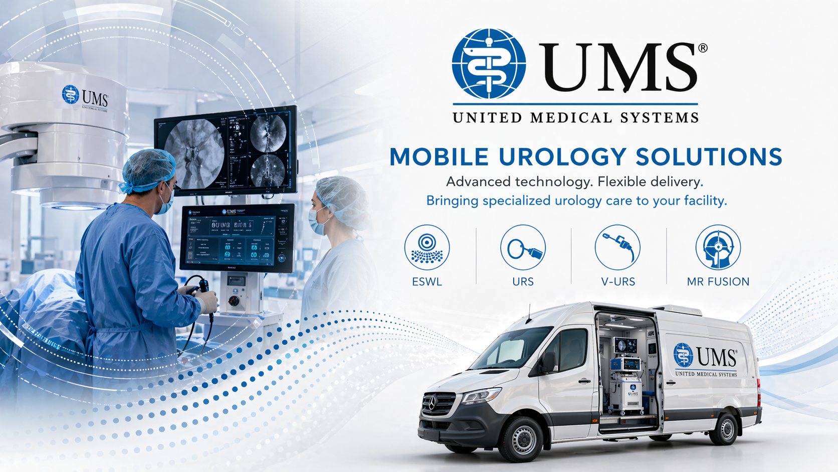 UMS mobile service truck and support vehicle positioned outside a medical campus