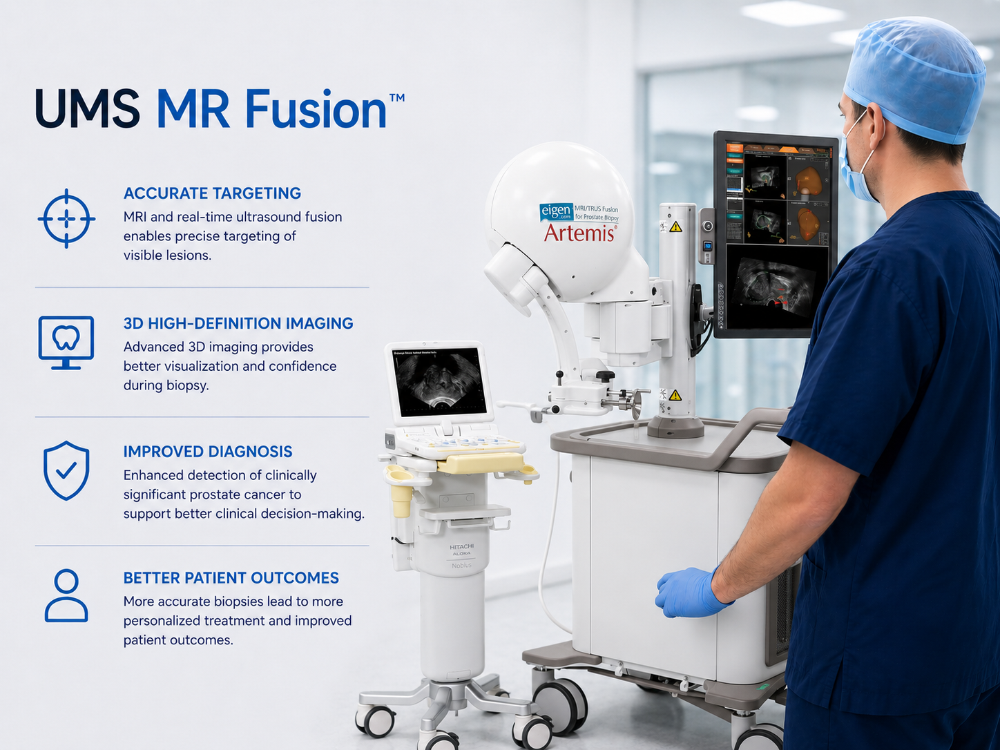 Clinician using UMS MR Fusion system with 3D prostate imaging on display