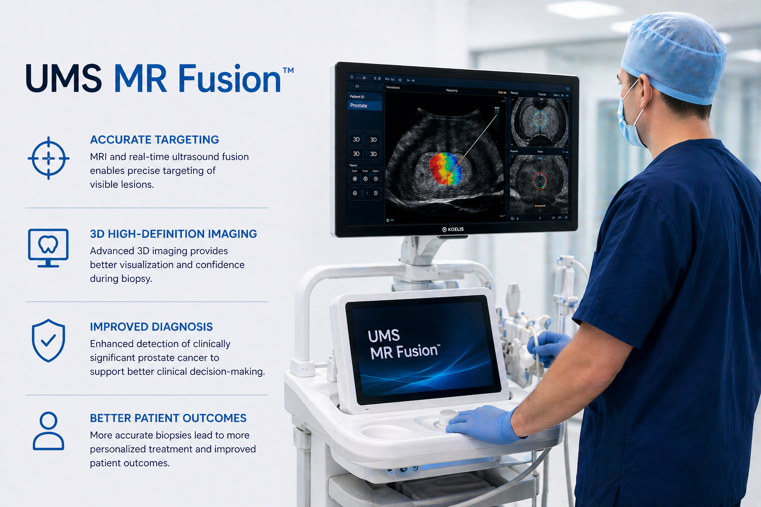 Clinician using UMS MR Fusion system with 3D prostate imaging on display