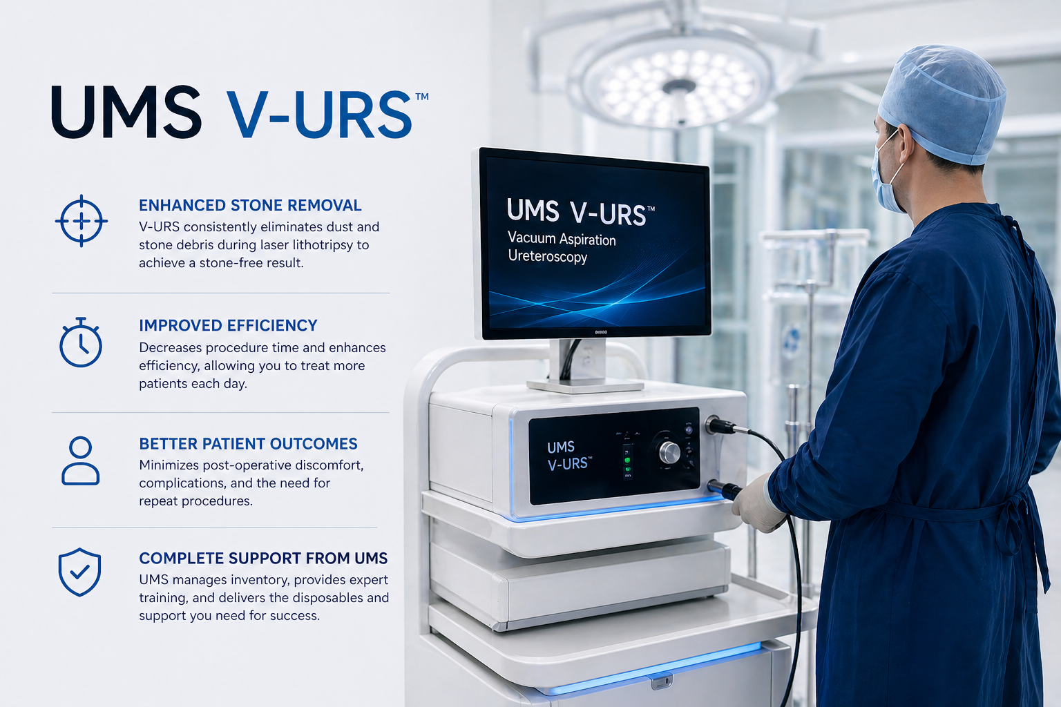 Surgeon using UMS V-URS vacuum aspiration ureteroscopy system